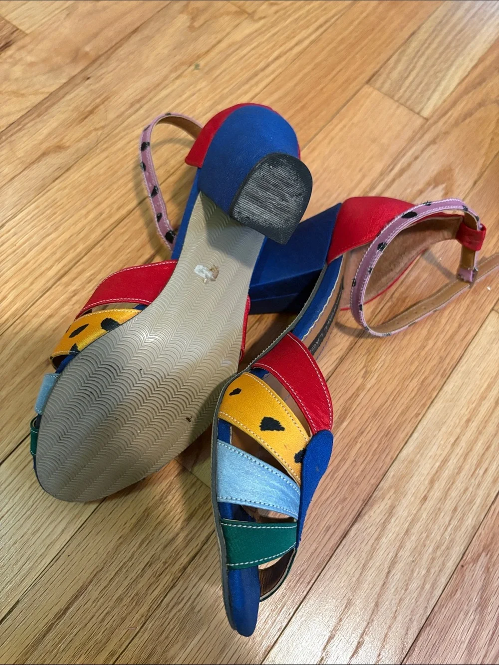 Shantall Lacayo Project Runway Raw Silk Heels Heart Rainbow Ankle-Strap Sandals